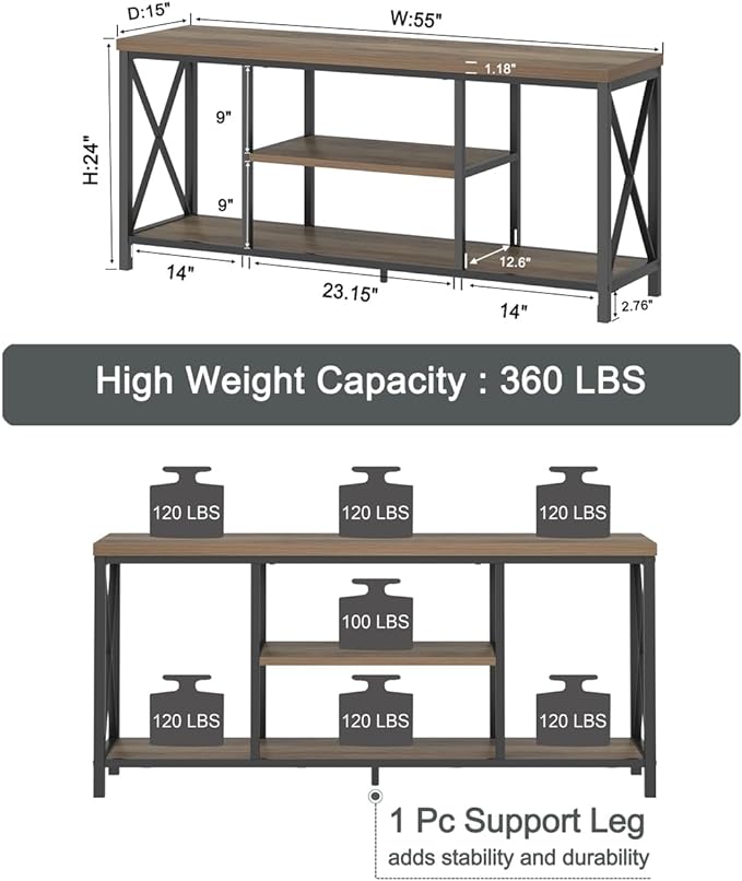 FOLUBAN TV Stand for TV up to 65 inch, Rustic Wood and Metal Entertainment Center with Storage Shelves, Modern Industrial Media TV Console Table for Living Room, Oak 55 inch - LeafyLoom
