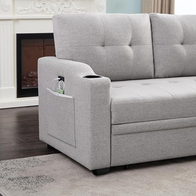 83 Inch Convertible L Shaped Sleeper Sectional Sofa Linen with Storage Chaise, Pull Out Bed, Cup Holder, USB Charging Port, Side Pocket, Reversible Corner Couch Design, 83inch, Light Grey - LeafyLoom