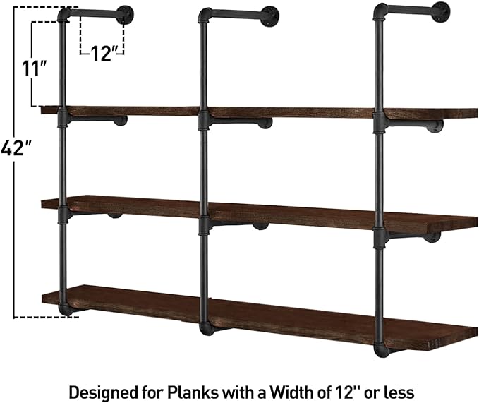 HITOMEN Industrial Iron Pipe Shelves, 3 Set 4-Tier, 42" Tall, 12" Depth, DIY Open Bookshelf Bookcase, Wall Mounted Vintage Retro Shelving, Rustic Farmhouse Pantry Kitchen Storage, Black Shelf Brackets - LeafyLoom