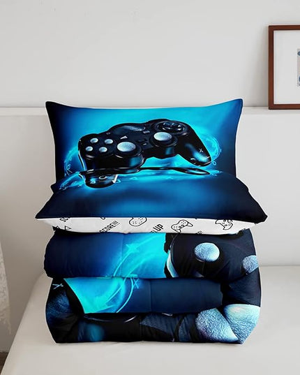 Feelyou Gamer Bedding Set for Boys Full Size Comforter Set Kids Gaming Comforter Blue Gamer Room Decor Video Game Gamepad Bed Set Teens Teenage Bedding Soft Warm 1 Comforter with 2 Pillowcases - LeafyLoom