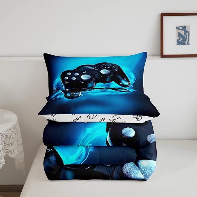 Feelyou Queen Size Gaming Comforter Set for Boys Gamer Bedding Set for Teens Kids Gamer Room Decor Blue Video Games Comforter Duvet Set Gamepad Quilted All Season 1 Comforter with 2 Pillow Cases - LeafyLoom