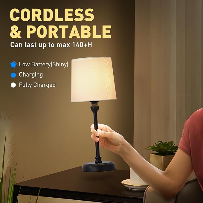 Cordless LED Table Lamp, 6000mAh Rechargeable Bedside Night Lamp for Bedroom, Portable Touch Stepless Dimmable Battery Operated Lamp, Ambient Light for Patio Restaurant(Black H) - LeafyLoom