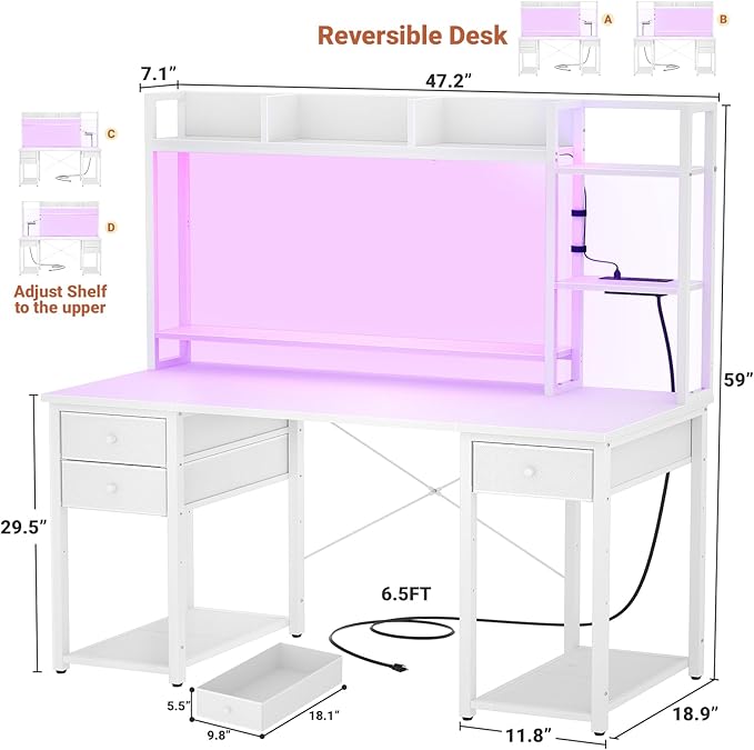 Aheaplus Desk with LED and Outlets, Gaming Desk with Hutch, 47.2'' Computer Desk with Drawers, Reversible Office Desk with Storage Bookshelf Large Workstation Desk with Shelf, Desk for Home, White - LeafyLoom