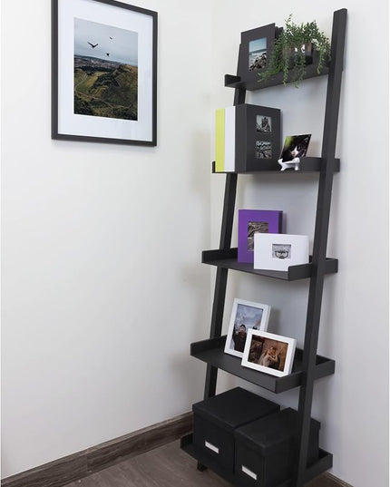 Kiera Grace Providence Hadfield 5 Tier Ladder Shelf Modern Leaning Bookshelf Storage Rack for Home, Office, 18" x 67", Black - LeafyLoom