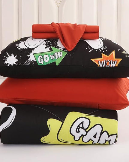 Wajade Kids Game Comforter Set Bed in A Bag Full Size 7 Piece 3D Colorful Video Game Controller Bedding Set for Boys Girls (1 Comforter, 1 Flat Sheet, 1 Fitted Sheet, 2 Pillowcase and 2 Pillow Sham) - LeafyLoom