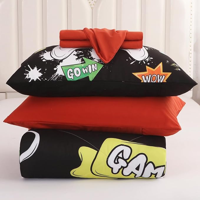Wajade Kids Game Comforter Set Bed in A Bag Queen Size 7 Piece 3D Colorful Video Game Controller Bedding Set for Boys Girls (1 Comforter, 1 Flat Sheet, 1 Fitted Sheet, 2 Pillowcase and 2 Pillow Sham) - LeafyLoom