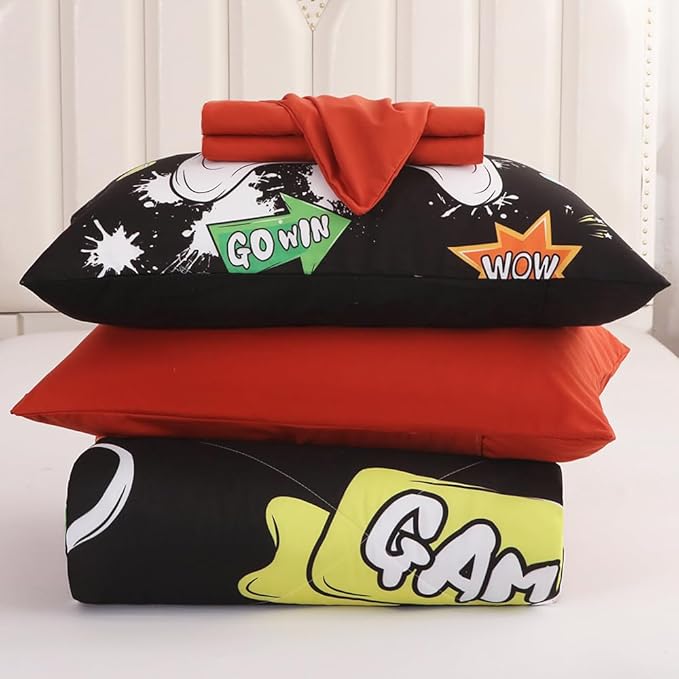 Wajade Kids Game Comforter Set Bed in A Bag Twin Size 7 Piece 3D Colorful Video Game Controller Bedding Set for Boys Girls (1 Comforter, 1 Flat Sheet, 1 Fitted Sheet, 2 Pillowcase and 2 Pillow Sham) - LeafyLoom