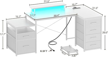 Unikito 70.8" Reversible L Shaped Computer Desk with Fabric File Drawers, Corner Desk with RGB LED Lights & Power Outlets & Monitor Stand, Large Gaming Desk for Home Office Workstation, White - LeafyLoom