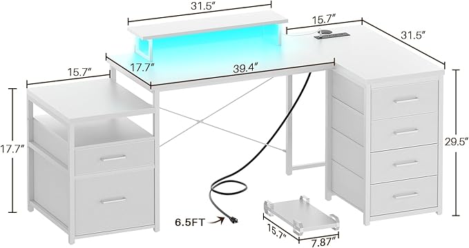 Unikito 70.8" Reversible L Shaped Computer Desk with Fabric File Drawers, Corner Desk with RGB LED Lights & Power Outlets & Monitor Stand, Large Gaming Desk for Home Office Workstation, White - LeafyLoom