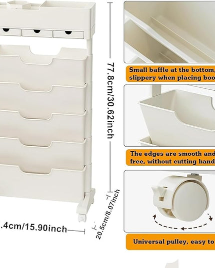 6-Tier Mobile Bookshelf with Wheels,Open Bookshelf and Over the Door OrganizerPack of 2, Door Hanging Organizer Storage, Miscellaneous Items Storage Rack Display Rack for Living Room(White and gray) - LeafyLoom