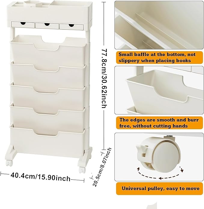 6-Tier Mobile Bookshelf with Wheels,Open Bookshelf and Over the Door OrganizerPack of 2, Door Hanging Organizer Storage, Miscellaneous Items Storage Rack Display Rack for Living Room(White and gray) - LeafyLoom
