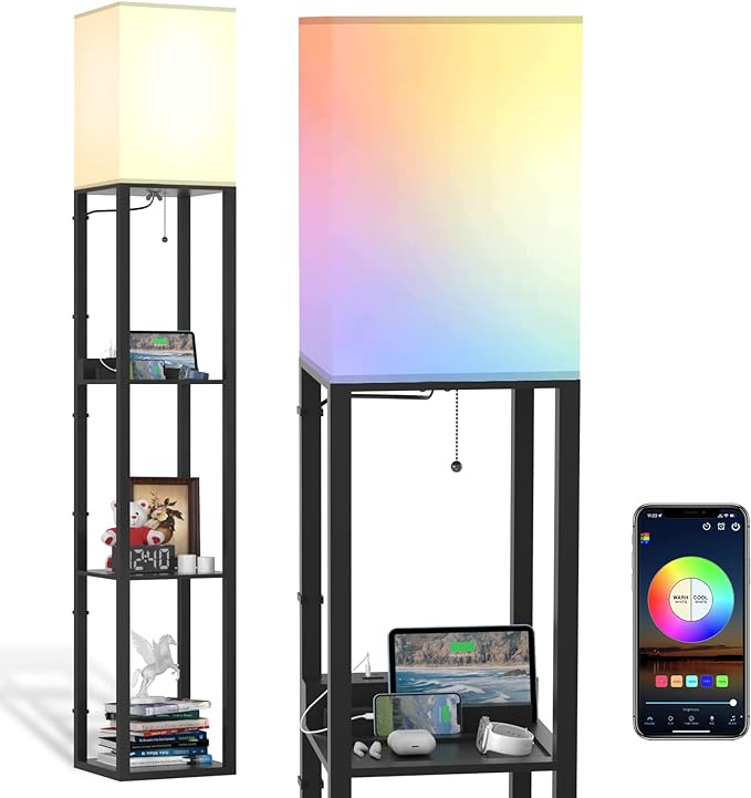 PAZZO Smart RGB Floor lamp with Shelves, Shelf Floor Lamp with Alexa, Solid Wood with 2 Charging Ports and 1 Power Outlet, Modern Standing Lamp for livingroom, Bedroom,Bulb Included,Matt Black - LeafyLoom