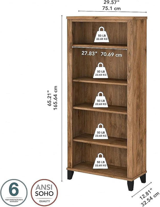 Bush Furniture Somerset 5-Shelf 65-inch H Bookcase, Fresh Walnut (WC81365) - LeafyLoom