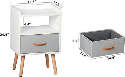 LUCKNOCK NightStand with Fabric Drawer, Bedside Table with Solid Wood Legs, Minimalist and Practical End Side Table with Open Storage Shelf for Bedroom, White. - LeafyLoom