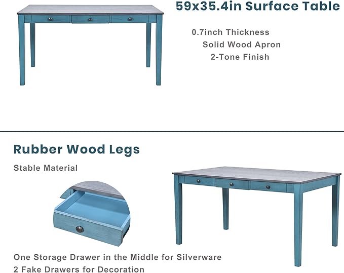 6-Piece Wood Dining Table Set with Drawer, 4 Upholstered Chairs and Bench, for Kitchen, Living Room, Mid-Century Style, Antique Blue, 59" L x 35.4" W x 30.3" H - LeafyLoom
