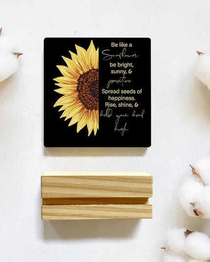 MUBIAO Sunflower Wooden Plaque Sign Desk Decor, Motivational Sunflower Quote Wood Stand Signs Desk Decor, Rustic Decor for Home Office Shelf Desk 4 x 4 Inches - LeafyLoom