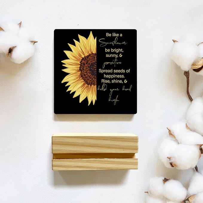 MUBIAO Sunflower Wooden Plaque Sign Desk Decor, Motivational Sunflower Quote Wood Stand Signs Desk Decor, Rustic Decor for Home Office Shelf Desk 4 x 4 Inches - LeafyLoom
