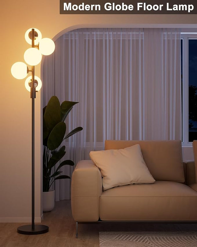 Lightdot Dimmable (Brightness Adjustable) Globe Floor Lamp, Black Retro Standing Lamps with 5x3000K G9 Bulbs Included, Mid Century Modern Floor Lamp for Living Room - LeafyLoom