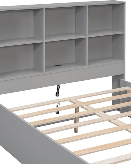 Full Size Platform Bed with Storage Headboard Bookcase, 2 Drawers Underneath and Charging Station, for Bedroom/Guest Room, Gray - LeafyLoom