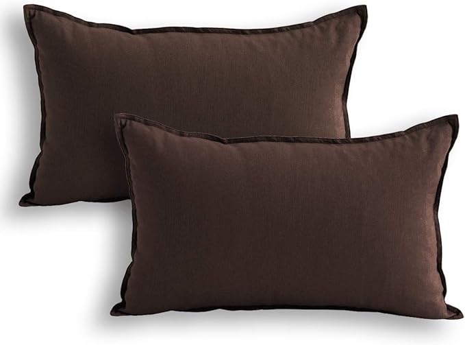 Jeanerlor Cotton Linen Square Decorative Throw Pillow Case Cushion Cover with Twin Needles Stitch on Edge, 12"x20"(30 x 50cm), 2 Pcs, Brown - LeafyLoom