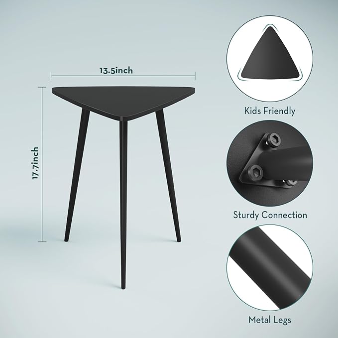 SAYGOER Black End Table for Small Places Triangle Side Table Modern Sofa Table for Living Room Bedroom Office Small Night Stand Metal Legs Bedside Table Classic Black Home Decor, Easy Assembly - LeafyLoom
