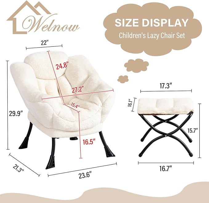 Welnow Toddler Kids Lazy Chair with Ottoman, Accent Comfy Lounge Children Armchair Couch with Armrest and Removable Cover, Detachable Reading Chair with Footrest for Boy or Girl, Plush Beige - LeafyLoom