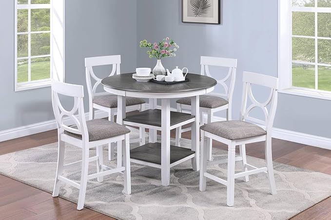 NicBex Round Dining Table Set for 4 Kitchen Table Set Counter Height Dining Table with Storage Shelve 4X Chairs Padded Seat Unique Design Back 5Pc Dining Set, White - LeafyLoom