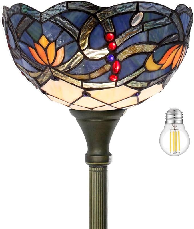 WERFACTORY Tiffany Floor Lamp Blue Lotus Flower Stained Glass Light 12X12X66 Inches Pole Torchiere Standing Corner Torch Uplight Decor Bedroom Living Room Home Office S220 Series - LeafyLoom