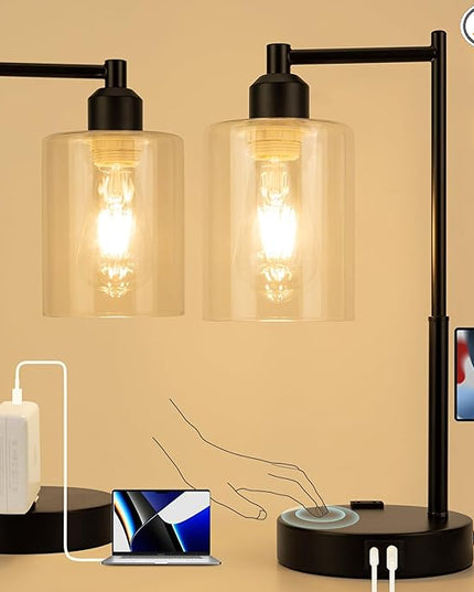 Yarra-Decor Industrial Bedside Table Lamp Set of 2 3-Way Dimmable Lamps for Bedroom Modern USB Nightstand Lamp with Glass Shade Reading Table Lamps for Office, Dorm (LED Bulb Included) - LeafyLoom