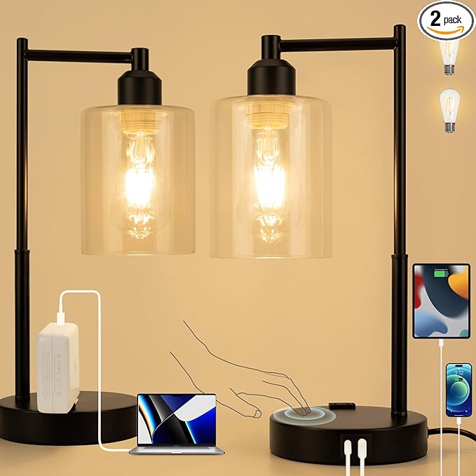 Yarra-Decor Industrial Bedside Table Lamp Set of 2 3-Way Dimmable Lamps for Bedroom Modern USB Nightstand Lamp with Glass Shade Reading Table Lamps for Office, Dorm (LED Bulb Included) - LeafyLoom