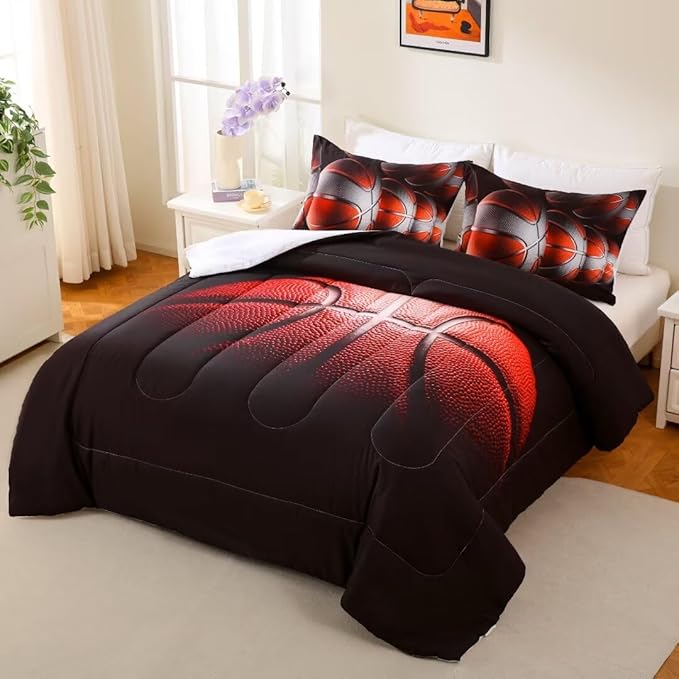 Teens Boys Sports Comforter Set Queen,Basketball Bedding Set for Kids,Sports Orange Basketball Comforter Sets,Black Teenage Boy Bedroom Bed Set 3 Pieces with Pillowcases - LeafyLoom