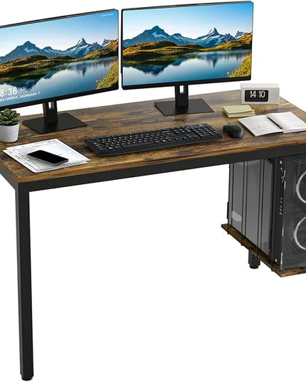 Computer Desk 47" Writing Desk Study Table with CPU Storage Shelf for Home Office, Workstation, Office, Gaming Room- Sturdy Stable Black Metal Frame, Rustic Brown - LeafyLoom