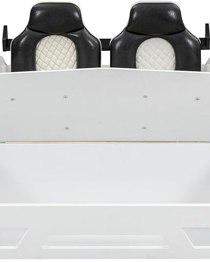 Twin Race Car-Shaped Bed with Storage Space & Upholstered Backrest,Wood Bedframe W/Safety Guardrail,Slats Support,No Box Spring Required,Fun Play for Boys Kids Toddlers Child's Bedroom,White - LeafyLoom