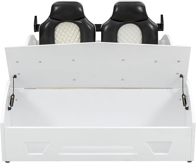 Twin Race Car-Shaped Bed with Storage Space & Upholstered Backrest,Wood Bedframe W/Safety Guardrail,Slats Support,No Box Spring Required,Fun Play for Boys Kids Toddlers Child's Bedroom,White - LeafyLoom