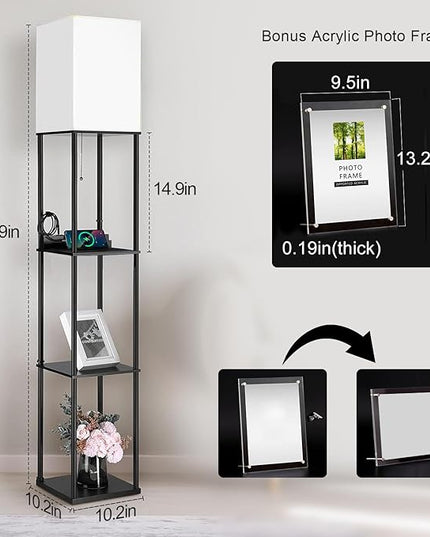 NUNET Smart LED Floor Lamp with Shelves 3 Color Temperature Light & Dimmable App Controlled Wi-Fi Bulb w. 3 Level Shelves & Cellphone/Photo Frame Stand for Bedroom Living Room Corner etc. (Black) - LeafyLoom