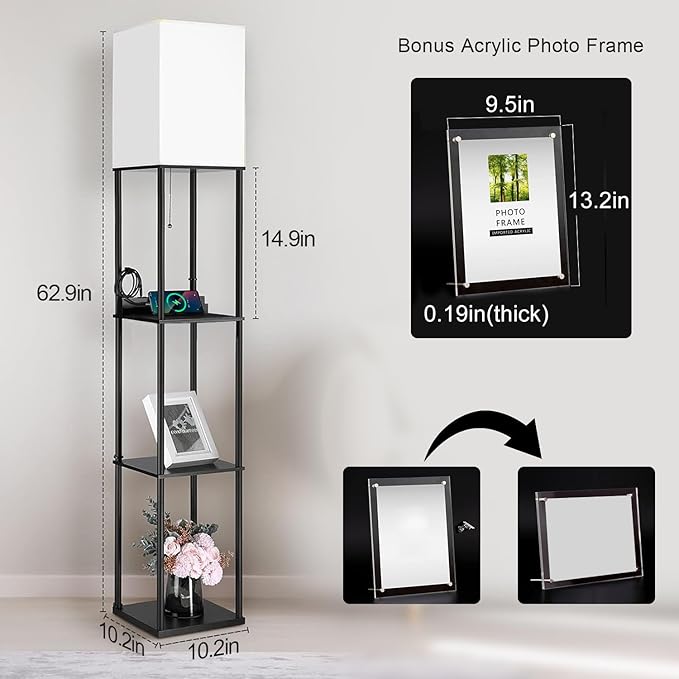 NUNET Smart LED Floor Lamp with Shelves 3 Color Temperature Light & Dimmable App Controlled Wi-Fi Bulb w. 3 Level Shelves & Cellphone/Photo Frame Stand for Bedroom Living Room Corner etc. (Black) - LeafyLoom