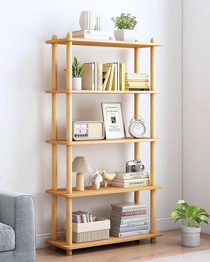 IOTXY 5-Tier Wooden Shelf Bookcase - Modern Open Bookshelf, Free Standing Storage Rack, Multifunctional Display Stand for Home and Office, Oak, Rectangle - LeafyLoom