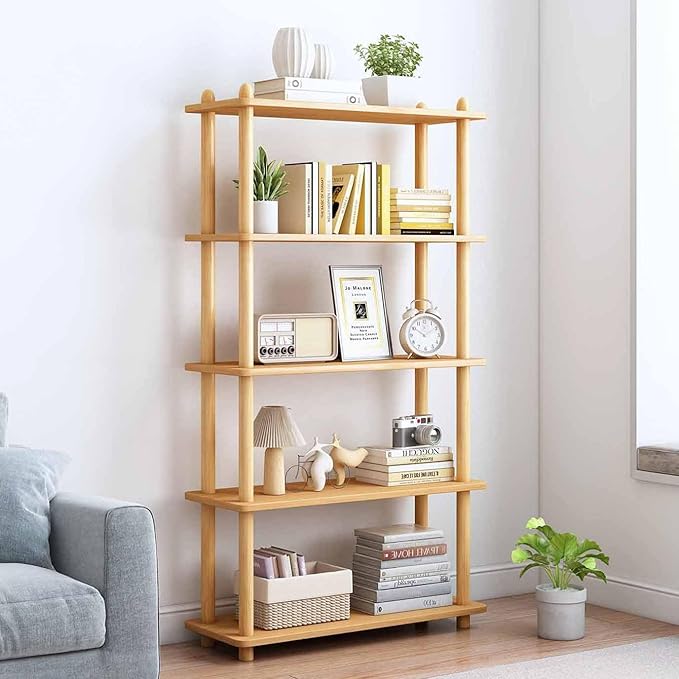 IOTXY 5-Tier Wooden Shelf Bookcase - Modern Open Bookshelf, Free Standing Storage Rack, Multifunctional Display Stand for Home and Office, Oak, Rectangle - LeafyLoom