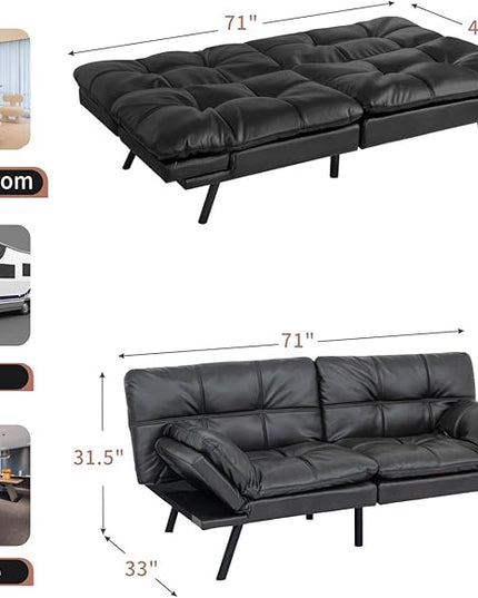 MUUEGM Futon Sofa Bed Convertible Memory Foam Sleeper Couch,Modern Faux Leather Loveseat for Living Room,Small Compact Space,Dorm,Office,Adjustable Armrests Backrest Sofabed, Matte Black - LeafyLoom