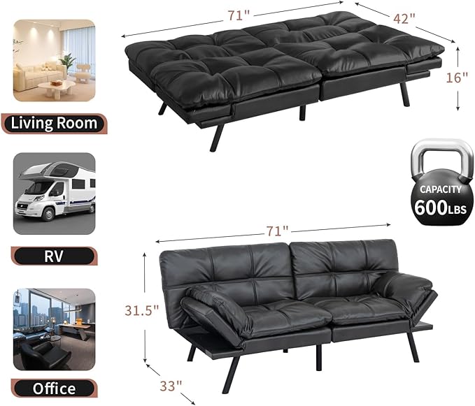 MUUEGM Futon Sofa Bed Convertible Memory Foam Sleeper Couch,Modern Faux Leather Loveseat for Living Room,Small Compact Space,Dorm,Office,Adjustable Armrests Backrest Sofabed, Matte Black - LeafyLoom