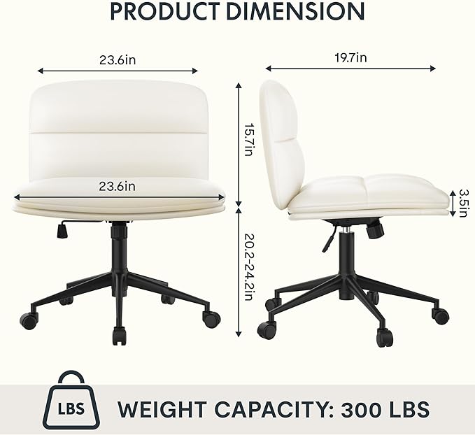 FLEXISPOT Cross Legged Office Chair Armless Desk Chair Comfy Wide Seat Criss Cross Chair with Wheels Vanity Chair for Living Room Bedroom Study Room(White Light Beige) - LeafyLoom