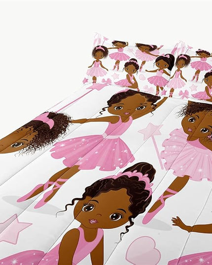 Full Bedding Sets for Girls, African American Magic Comforter Set with Ballet Dancer, Pink Bed Set for Kids Teens, Little Girls Bedroom Decor - LeafyLoom