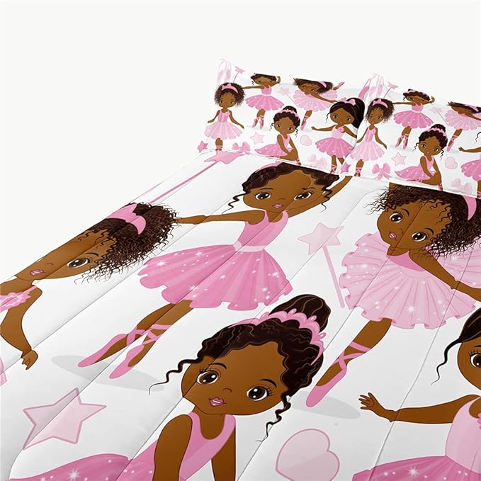 Queen Bedding Sets for Girls, African American Magic Comforter Set with Ballet Dancer, Pink Bed Set for Toddler Kids Teens, Little Girls Bedroom Decor - LeafyLoom
