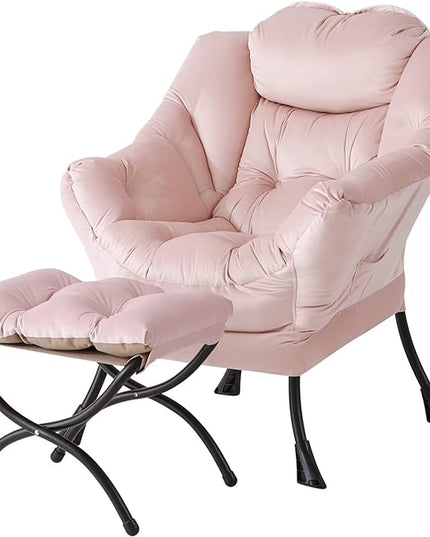 Welnow Lazy Chair with Ottoman, Modern Lounge Accent Chair with Armrests and a Side Pocket, Leisure Upholstered Sofa Chair Set, Reading Chair with Footrest for Small Space, Corner Chair, Pink - LeafyLoom