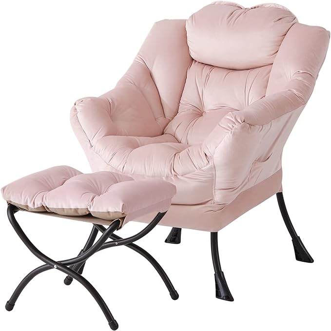 Welnow Lazy Chair with Ottoman, Modern Lounge Accent Chair with Armrests and a Side Pocket, Leisure Upholstered Sofa Chair Set, Reading Chair with Footrest for Small Space, Corner Chair, Pink - LeafyLoom