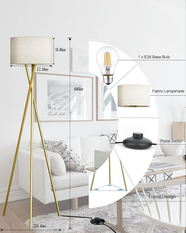 66IN Tripod Floor Lamp, Gold Standing Lamps with E26 Bulb Included, Mid Century Modern Tall Lamps for Living Room Bedroom Home Decor - LeafyLoom