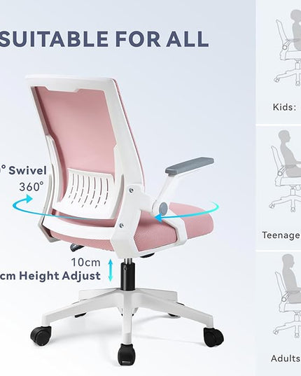 COMHOMA Office Chair with Flip-up Armrests Ergonomic Computer Desk Chair Foldable Mesh Task Chair with Wheels Adaptive Lumbar Support Swivel Tilt Comfortable Study Chair for Student, Pink - LeafyLoom