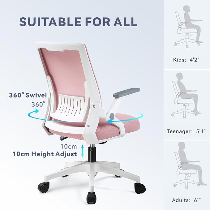 COMHOMA Office Chair with Flip-up Armrests Ergonomic Computer Desk Chair Foldable Mesh Task Chair with Wheels Adaptive Lumbar Support Swivel Tilt Comfortable Study Chair for Student, Pink - LeafyLoom