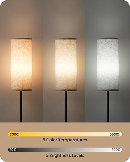 Dimmable Floor Lamp for Living Room, Corner Floor Lamp with Remote, 66'' Standing Tall Lamp, Linen Lampshade, 10W 800LM LED Bulb for Bedroom Study, FCC Listed Black and White W06LD05 - LeafyLoom