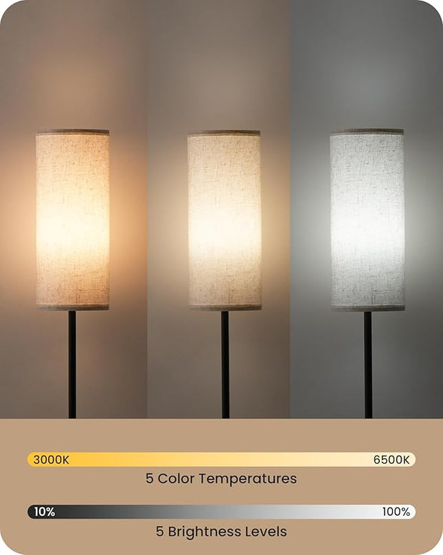 Dimmable Floor Lamp for Living Room, Corner Floor Lamp with Remote, 66'' Standing Tall Lamp, Linen Lampshade, 10W 800LM LED Bulb for Bedroom Study, FCC Listed Black and White W06LD05 - LeafyLoom